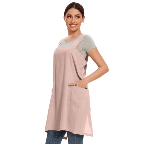 Women Cotton Linen Apron with 2 Pockets Kitchen Baking Cooking Chef Cross Back Pinafore Dress for Work Restaurant Gardening (Small / Pink)