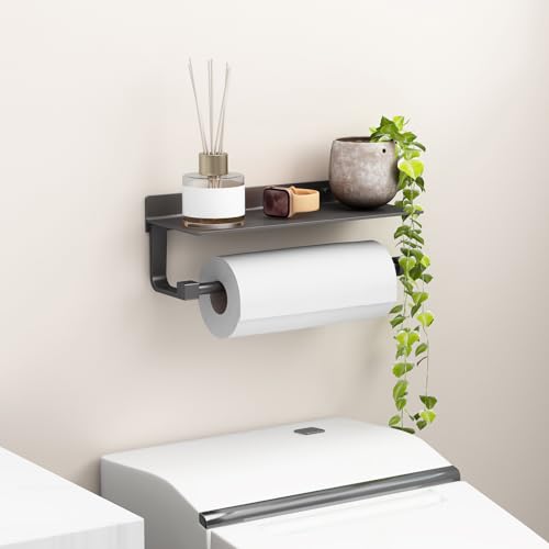 Kitchen Paper Towel Holder with Shelf Wall Mount (Gray)