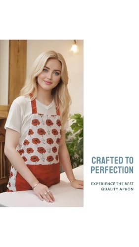 Vintage Floral Apron for Women with Functional Pockets Adjustable Neck Strap for Cooking Baking Mother's Gift (Rose)