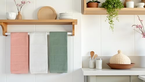 Sage Pink White Kitchen Hand Dish Towels (Soft Spring Pastels)