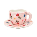 Flower Coffee Mug Pink Fancy Cup with Saucer Set for Women 10 oz (Pink Flowers)