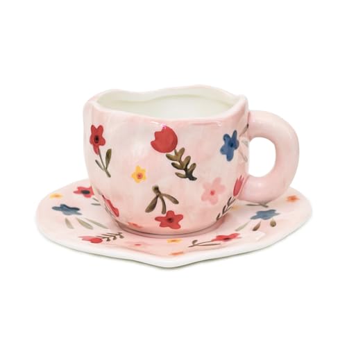 Flower Coffee Mug Pink Fancy Cup with Saucer Set for Women 10 oz (Pink Flowers)