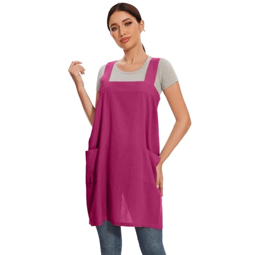 Women Cotton Linen Apron with 2 Pockets Kitchen Baking Cooking Chef Cross Back Pinafore Dress for Work Restaurant Gardening (Medium / Rose Red)