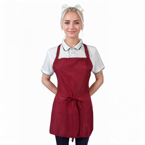 Adjustable Waterproof Aprons with 3 Pockets for Men Women (Red)