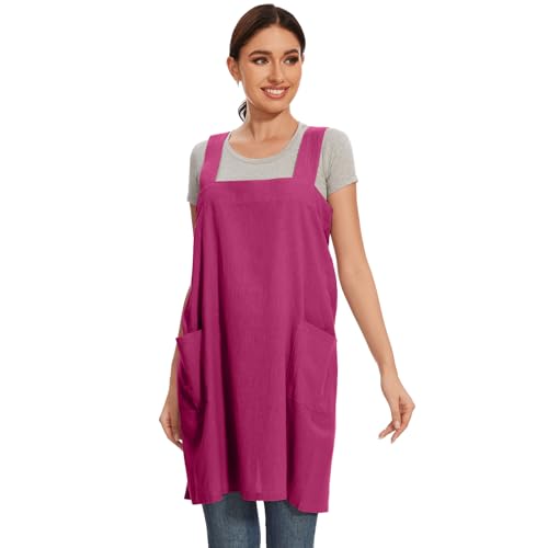Women Cotton Linen Apron with 2 Pockets Kitchen Baking Cooking Chef Cross Back Pinafore Dress for Work Restaurant Gardening (3X-Large / Rose Red)