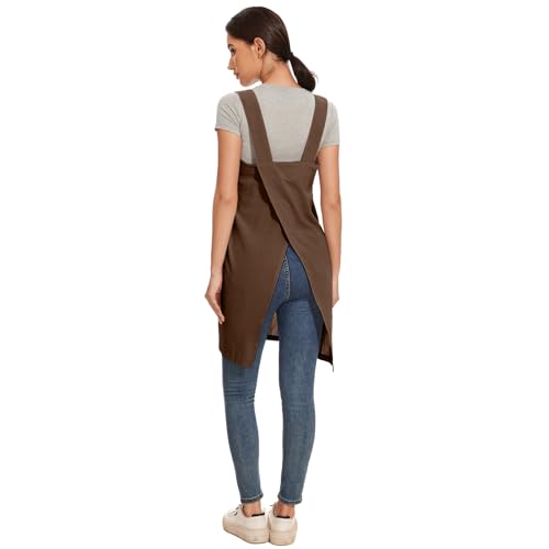 Women Apron with 2 Pockets Cotton Linen Kitchen Baking Cooking Chef Cross Back Pinafore Dress for Work Restaurant Gardening (3X-Large / Brown)