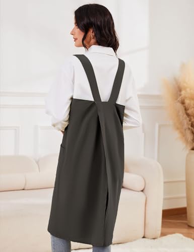 Women's Cotton Cross Back Pinafore with Big Pockets Practical Aprons for Gardening Works (X-Large / Army Green)