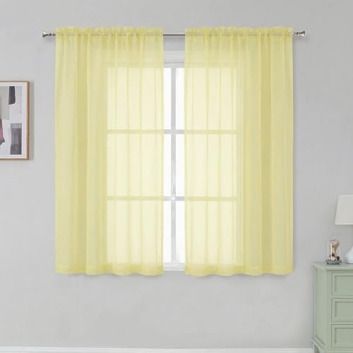 Light Yellow Rod Pocket Top Solid Voile Sheer Curtains for Bedroom (Light Yellow / 42"W x 54"L (Pack of 2))