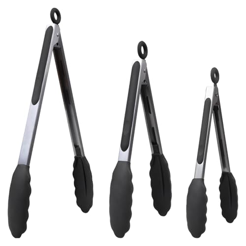 Kitchen Silicone Tongs for Cooking with Nonslip Silicone Tips (Black / 3Pcs, 7+9+12 Inch)