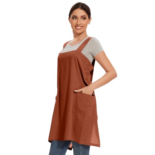 Women Cotton Linen Apron with 2 Pockets Kitchen Baking Cooking Chef Cross Back Pinafore Dress for Work Restaurant Gardening (Large / Orange Red)