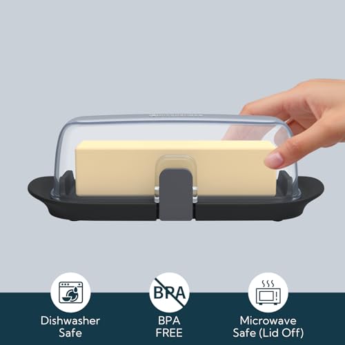 One handed Airtight Butter Dish with Lid for Countertop and Refrigerator Door Shelf (Black-New)