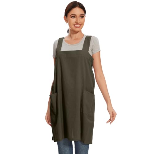 Women Apron with 2 Pockets Cotton Linen Kitchen Baking Cooking Chef Cross Back Pinafore Dress for Work Restaurant Gardening (Large / Military Green)