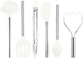 Silicone Cooking Utensil Set of 6 Stainless Steel Handle Ladle Slotted Turner Tongs Flex Core Spatula Scraper Mixing Spoon & Potato Masher (White)