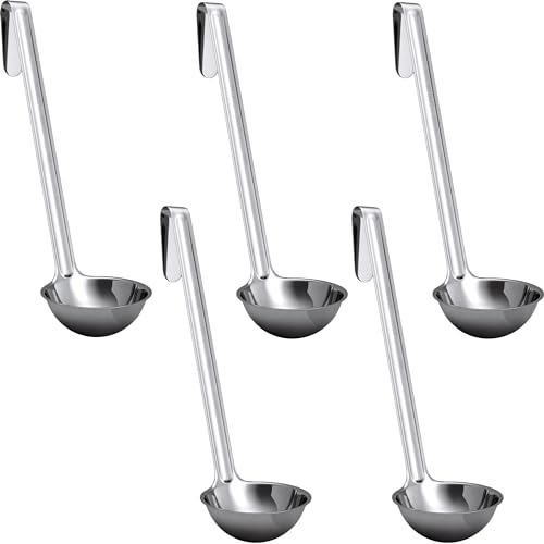 Super Sturdy Ergonomic 2 Oz. Soup Ladle 5 Pk. Stainless Steel Ladles with Long Handles. Best Kitchen Accessories for Stirring (2oz-5pk / Stainless Steel)