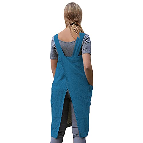 Women's Cross Back Pinafore Apron with Large Pockets Home Kitchen (XX-Large / Lake Blue)