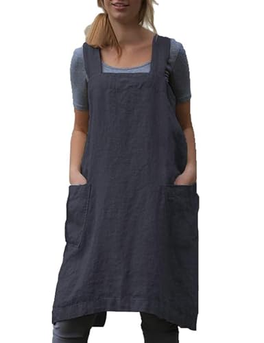 Women's Cotton Cross Back Pinafore with Big Pockets Practical Aprons for Gardening Works (X-Large / Darkgrey)