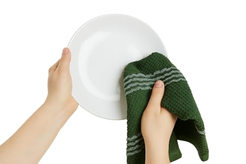 Dark Green Kitchen Hand Dish Towels Waffle Ruffle Textured Set of 3 (Rainah Dark Green)