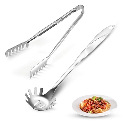 Spaghetti Spoon and Pasta Tong with Grip Teeth and Drain Holes (Silvery(stainless steel）)
