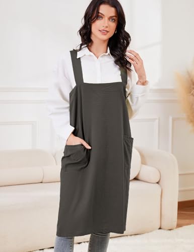 Women's Cotton Cross Back Pinafore with Big Pockets Practical Aprons for Gardening Works (Medium / Army Green)
