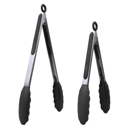 Kitchen Tongs for Cooking with Non (Black / 2Pcs, 9+12 Inch)