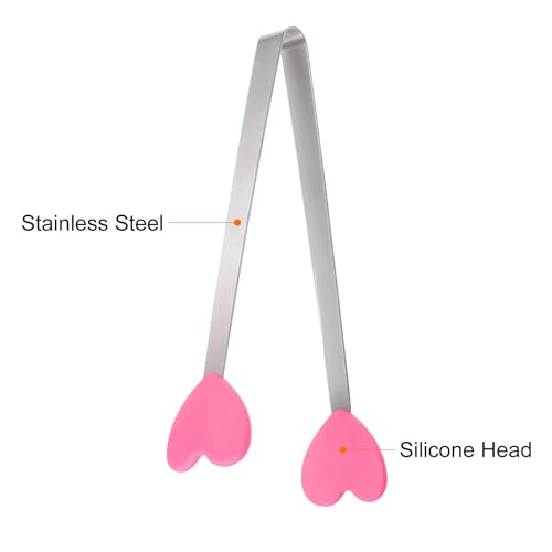 Mini Food Tongs 5.3" Heart Shape Stainless Steel with Silicon Tips Small Cooking Tongs Kitchen Food Tongs Serving Tongs for Cooking Grilling BBQ Barbecue Kitchen (RoseRed)