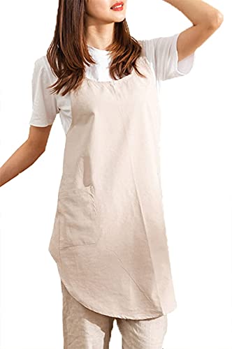 Cotton Cross Back Aprons Solid Color Cooking Kitchen Garden Smock for Women Girls with Pockets (Beige / 37W x 32L)