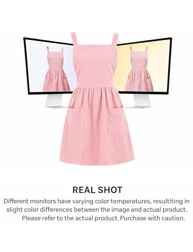 Cute Cotton Pinafore Aprons for Women with Pockets for Kitchen (Pink)