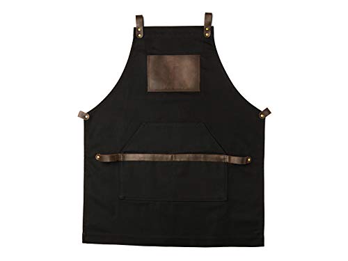 Black Apron in Canvas and Leather for Chef Work Bartender Barista Barber Shop Grill Master olpr. Made in USA (Blackbrown)