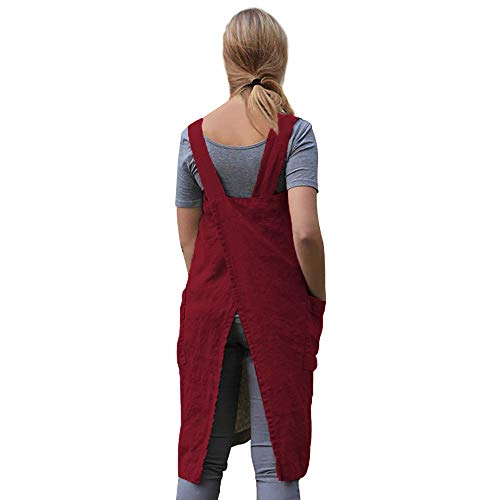 Women's Cross Back Pinafore Apron with Large Pockets Home Kitchen (Medium / Wine Red)