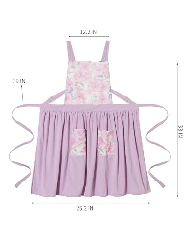 Vintage Pinafore Apron Dress for Women with Pockets Cute Floral Chef Aprons for Kitchen Cooking Baking Gardening (Pastel Purple)