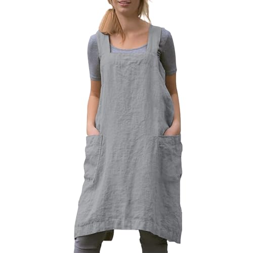 Women Apron with 2 Pockets Cotton Linen Kitchen Baking Cooking Chef Cross Back Pinafore Dress for Work Restaurant Gardening (Small / Light Grey)