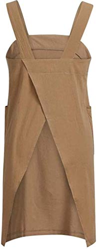 D Cotton Linen Apron Cross Back Apron for Women with Pockets Pinafore Dress for Baking Cooking (Brown / XX-Large)