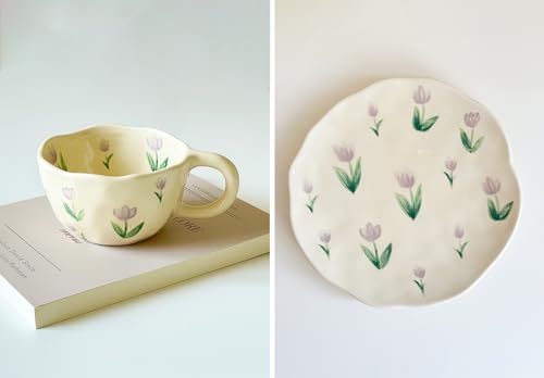 Tulip Coffee Mug Flower Tea Cups and Saucers Set for Mom 8 oz (Purple Tulip)