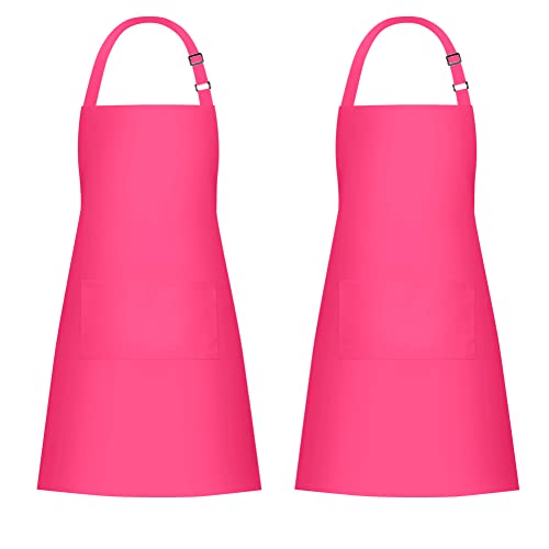 2 Pack 100% Cotton Aprons with 2 Pockets Cooking Chef Kitchen Adjustable Bib Apron for Women Men (Hot Pink)