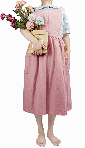 Women Girls Vintage Apron Adjustable Gardening Works Cross Back Cotton (Lightpink / Large)