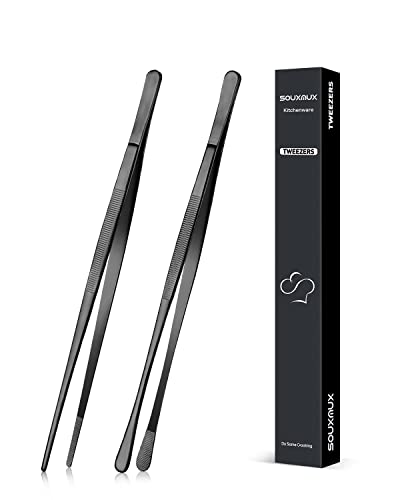 2 Pcs 10 inch Cooking Tweezers Tongs Precision Serrated Tips (10inch / Black)