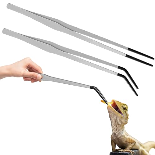 2 Pcs Extra Long Stainless Steel Reptile Feeding Tongs with Rubber Tip 15 Inch Bearded Dragon Aquarium Straight and Curved Long Tweezer Terrarium Feeder Tool for Tank (Silver / 15 Inch)