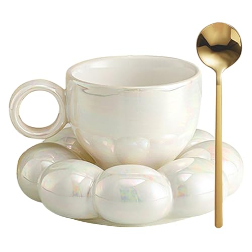 Ceramic Coffee Mug with Spoon Travel Sunflower Cloud Mug with Saucer 200ML Afternoon Tea Cup for Latte (White)