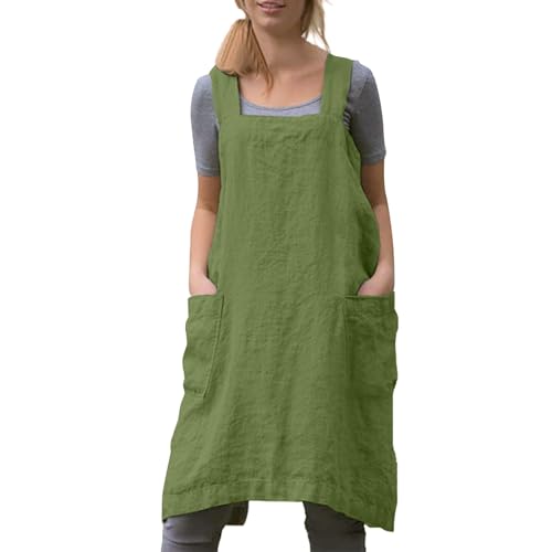 Women Cotton Linen Apron with 2 Pockets Kitchen Baking Cooking Chef Cross Back Pinafore Dress for Work Restaurant Gardening (Large / Leaf Green)