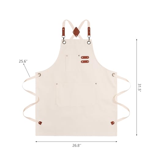 Chef Aprons for Men Canvas Apron with Large Pockets and Adjustable Neck Strap for Cooking (Cream)