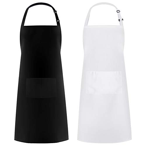 2 Pack Adjustable Bib Apron Thicker Version Waterdrop Resistant with 2 Pockets Cooking Kitchen Aprons for Women Men Chef (Black/White / 2 Polyester)