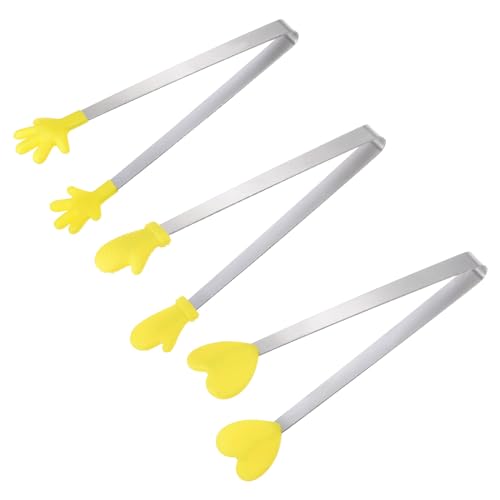 Mini Food Tongs 5.5" Pattern Shape Stainless Steel with Silicon Tips Small Cooking Tongs Kitchen Food Tongs Serving Tongs for Cooking Grilling BBQ Barbecue Kitchen (Yellow)