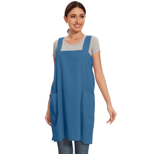 Women Apron with 2 Pockets Cotton Linen Kitchen Baking Cooking Chef Cross Back Pinafore Dress for Work Restaurant Gardening (Medium / Lake Blue)