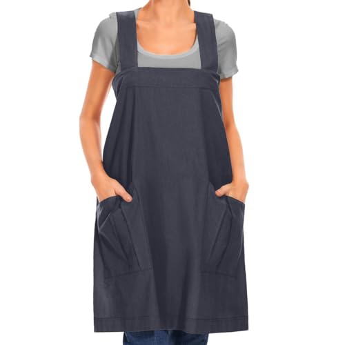 Women's Cotton Cross Back Apron Pinafore Dress with Big Pockets Loose Square Apron for Baking Cooking Gardening (Dark Grey / Large)