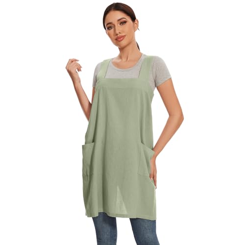 Women Apron with 2 Pockets Cotton Linen Kitchen Baking Cooking Chef Cross Back Pinafore Dress for Work Restaurant Gardening (Medium / Light Green)