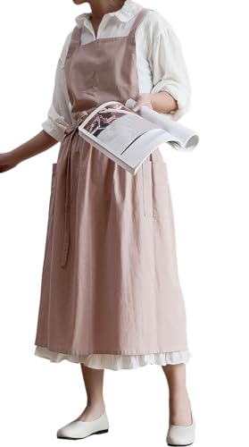 Japanese Cotton Linen Cross Back Work Apron for Women with Pockets Pinafore Dress Smock (01-pink)