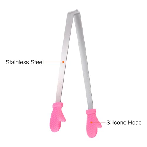 Mini Food Tongs 5.5" Gloves Shape Stainless Steel with Silicon Tips Small Cooking Tongs Kitchen Food Tongs Serving Tongs for Cooking Grilling BBQ Barbecue Kitchen (RoseRed)