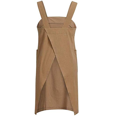 Women's Cross Back Pinafore Apron with Large Pockets Home Kitchen (Medium / Brown)