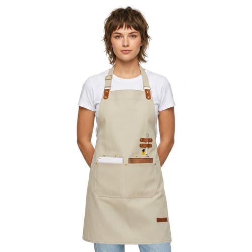 Chef Apron for Men Women with Pockets Adjustable Neck Strap (Beige)