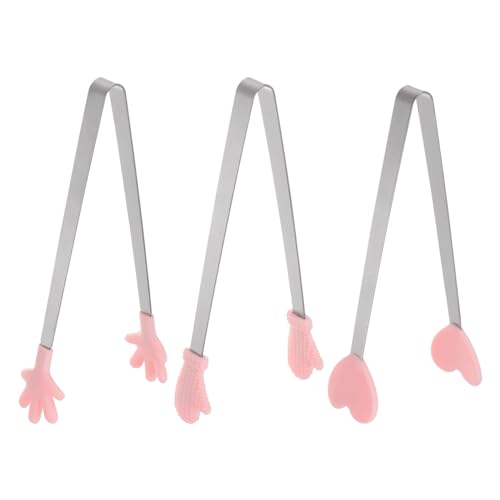 Mini Food Tongs 5.5" Pattern Shape Stainless Steel with Silicon Tips Small Cooking Tongs Kitchen Food Tongs Serving Tongs for Cooking Grilling BBQ Barbecue Kitchen (Pink)